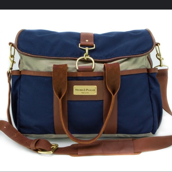 Sword & Plough Laptop Messenger Bag Canvas Leather Navy Brown - Picture 1 of 10